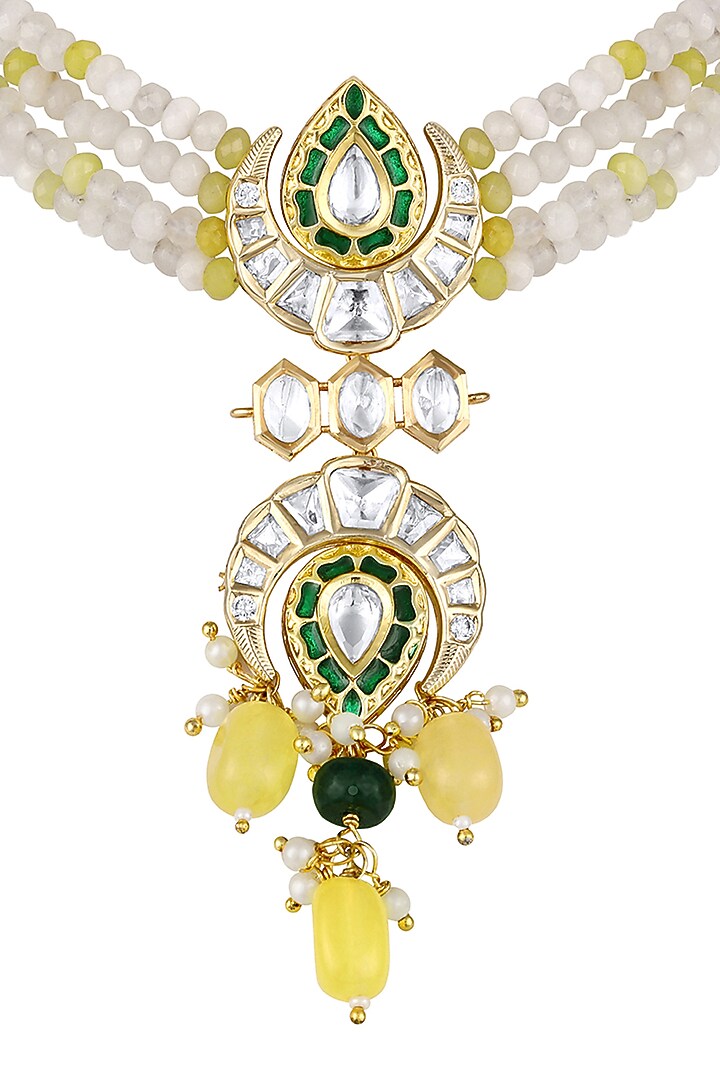 Micron Gold Finish Moissanite Kundan Polki & Onyx Tumble Choker Necklace Set by Hrisha Jewels at Pernia's Pop Up Shop