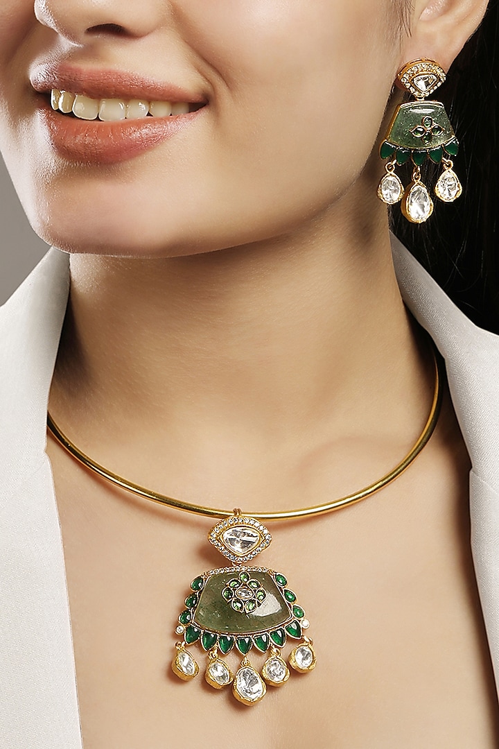 Micron Gold Finish Moissanite Kundan Polki & Green Onyx Stone Hasli Necklace Set by Hrisha Jewels