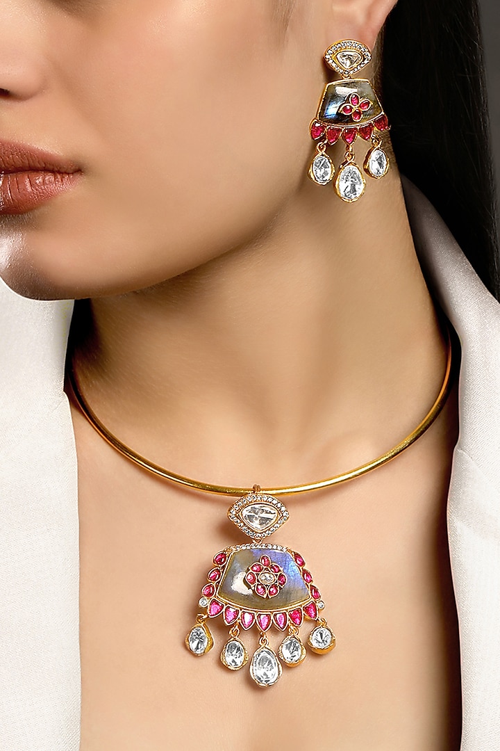 Micron Gold Finish Moissanite Kundan Polki & Ruby Stone Hasli Necklace Set by Hrisha Jewels