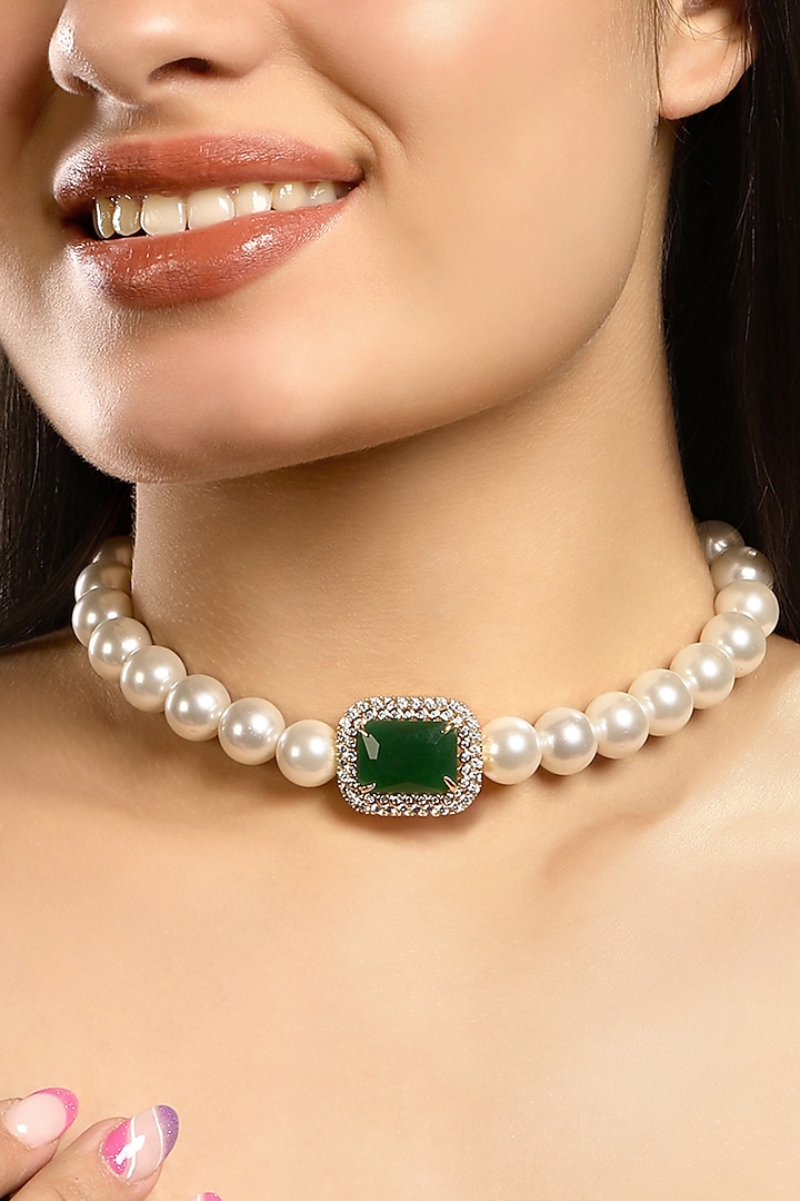 Micron Gold Finish Zircon & Shell Pearl Necklace by Hrisha Jewels