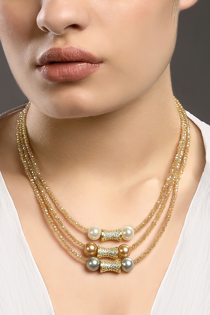 Micron Gold Finish Zircon & Shell Pearl Necklace by Hrisha Jewels at Pernia's Pop Up Shop