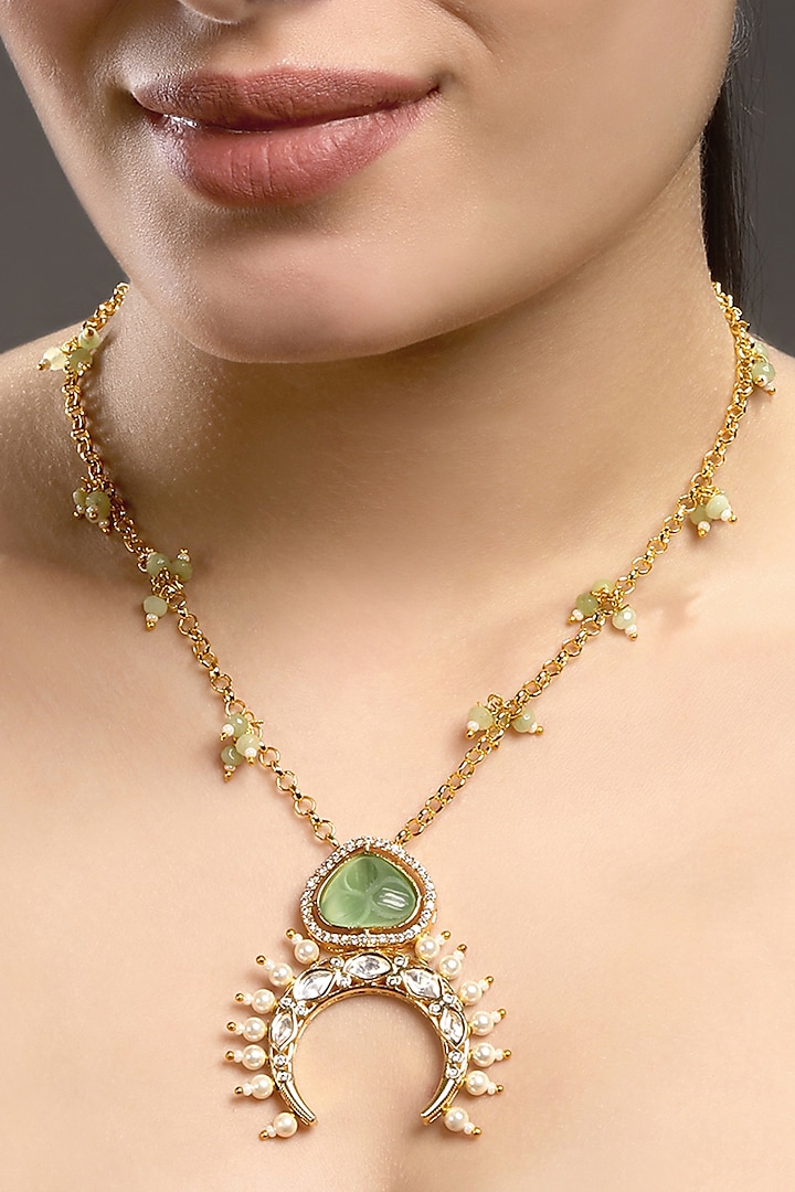 Micron Gold Finish Kundan Polki & Carved Onyx Stone Necklace by Hrisha Jewels at Pernia's Pop Up Shop