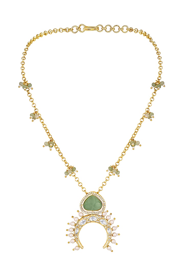 Micron Gold Finish Kundan Polki & Carved Onyx Stone Necklace by Hrisha Jewels at Pernia's Pop Up Shop