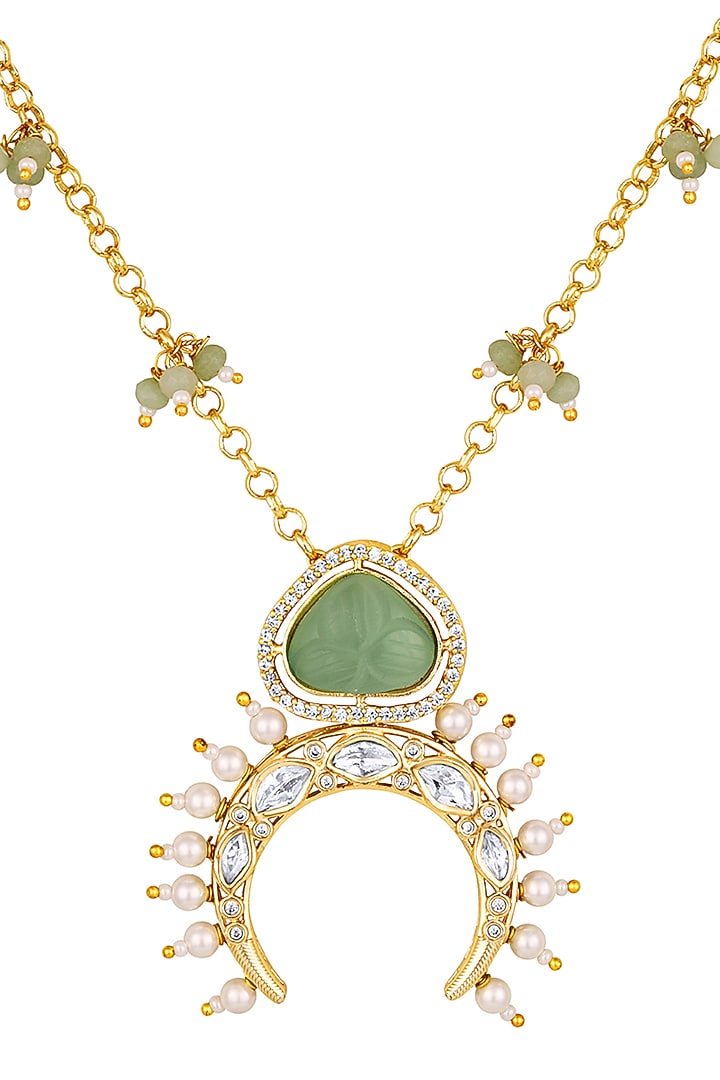 Micron Gold Finish Kundan Polki & Carved Onyx Stone Necklace by Hrisha Jewels at Pernia's Pop Up Shop