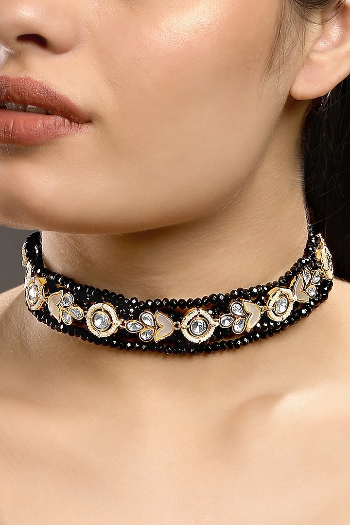 Micron Gold Finish Black Agate Stone Choker Necklace by Hrisha Jewels at Pernia's Pop Up Shop