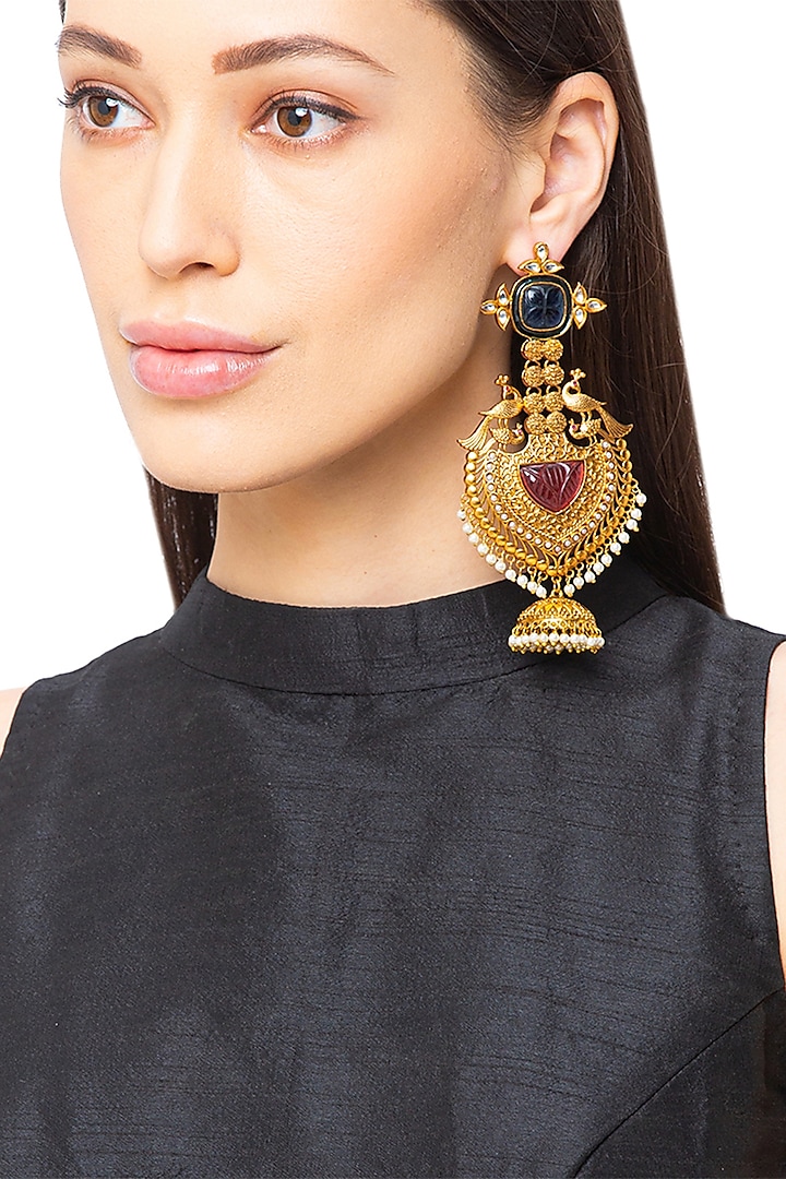 Gold Finish Blue Onyx Dangler Earrings by Hrisha Jewels