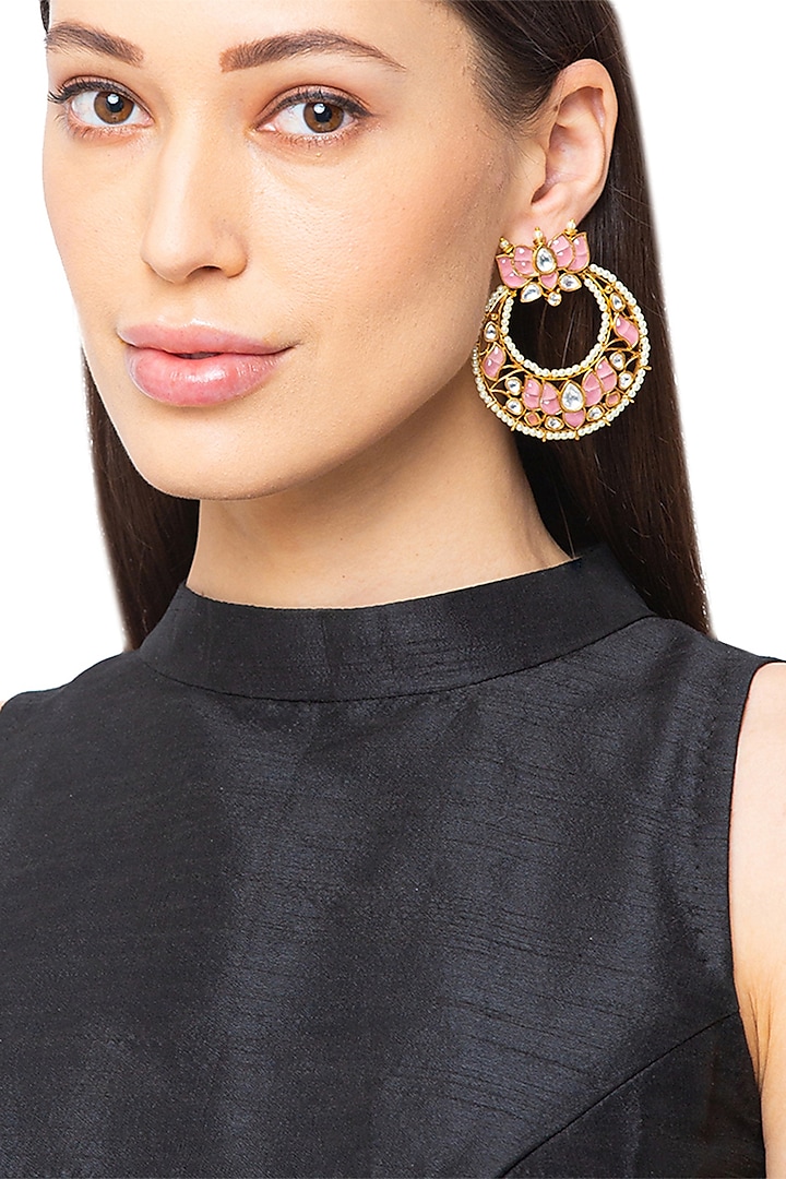 Gold Finish Pearls Chandbali Earrings by Hrisha Jewels
