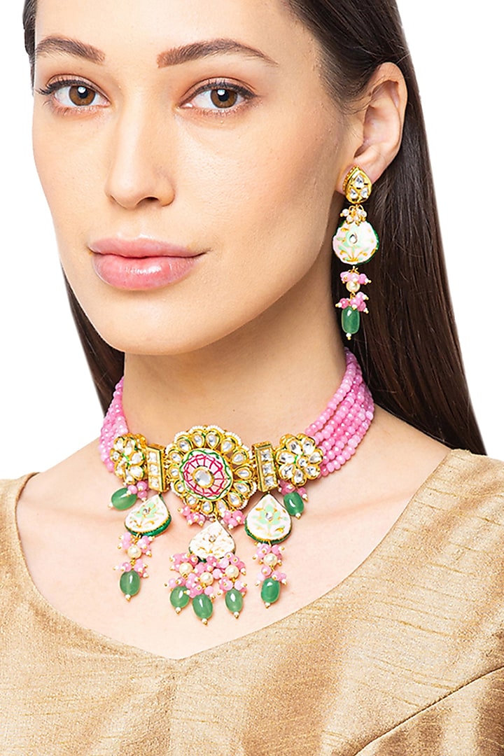 Gold Finish Meenakari Necklace Set by Hrisha Jewels