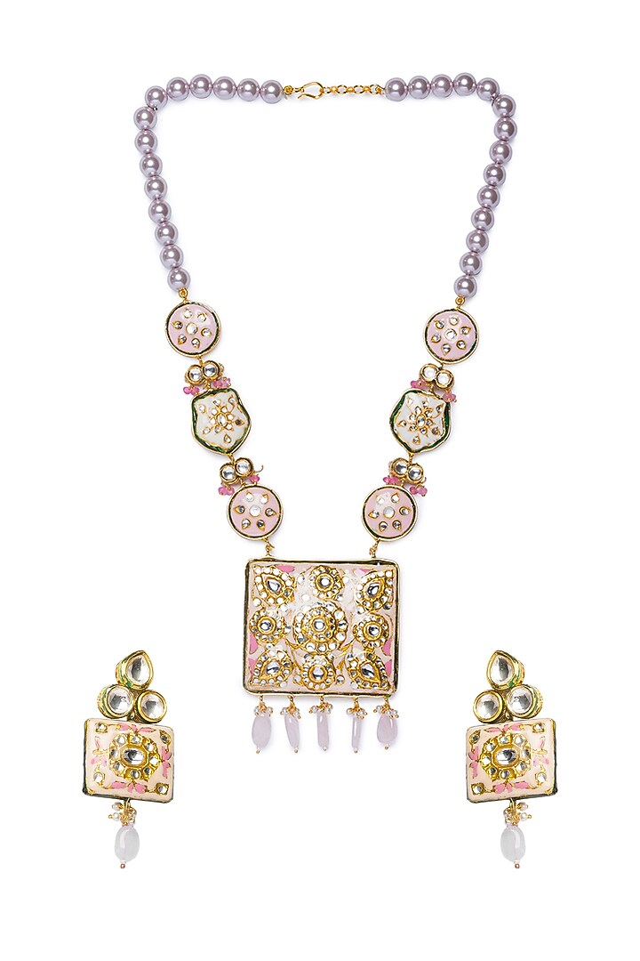 Gold Finish Meenakari Pendant Necklace Set by Hrisha Jewels at Pernia's Pop Up Shop