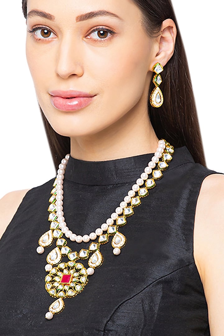 Gold Finish Shell Pearls Necklace Set by Hrisha Jewels