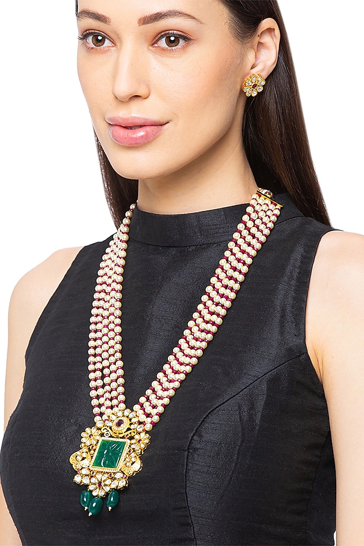 Gold Finish Shell Pearl & Agate Necklace Set by Hrisha Jewels