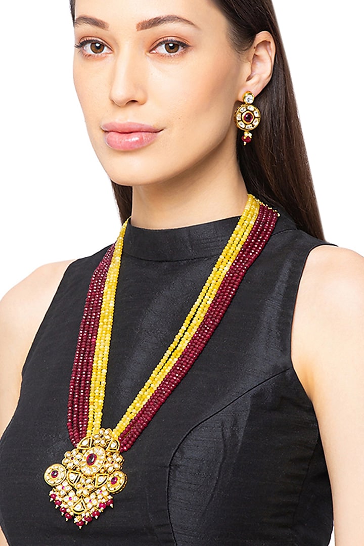 Gold Finish Polki & Agate Necklace Set by Hrisha Jewels