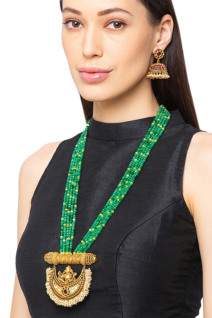 Gold Finish Agate Beaded Necklace Set by Hrisha Jewels