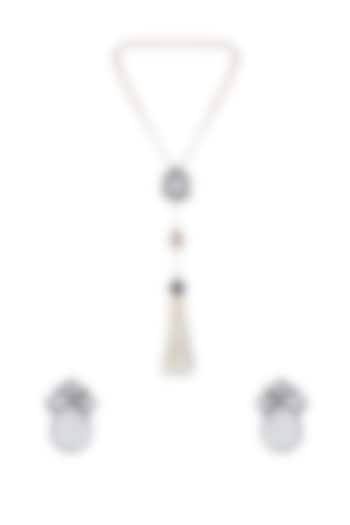 Black Rhodium Finish Shell Pearl Long Necklace Set by Hrisha Jewels at Pernia's Pop Up Shop