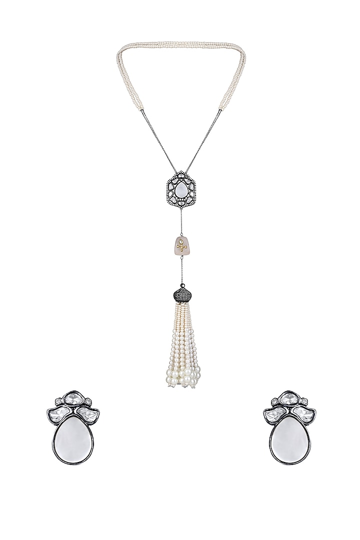 Black Rhodium Finish Shell Pearl Long Necklace Set by Hrisha Jewels at Pernia's Pop Up Shop