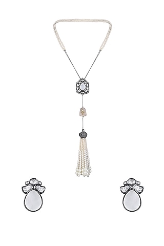 Black Rhodium Finish Shell Pearl Long Necklace Set by Hrisha Jewels