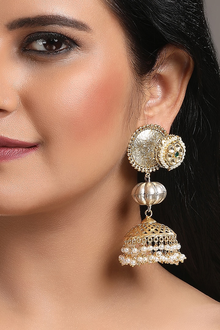 Two-Tone Finish Kundan Polki Jhumka Earrings by Hrisha Jewels at Pernia's Pop Up Shop