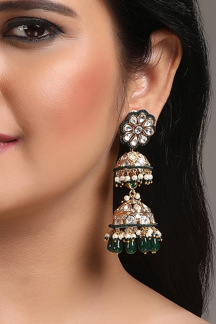 Gold Finish Kundan Polki & Green Agate Stone Jhumka Earrings by Hrisha Jewels at Pernia's Pop Up Shop