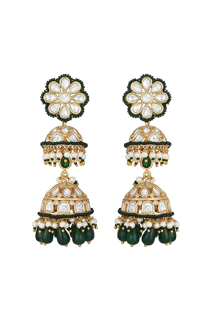 Gold Finish Kundan Polki & Green Agate Stone Jhumka Earrings by Hrisha Jewels at Pernia's Pop Up Shop