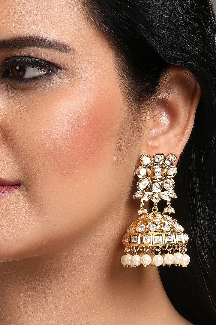 Gold Finish Kundan Polki & Shell Pearl Dangler Earrings by Hrisha Jewels at Pernia's Pop Up Shop