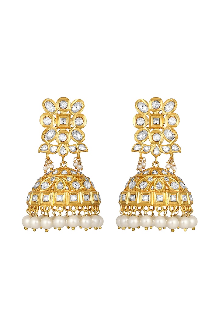 Gold Finish Kundan Polki & Shell Pearl Dangler Earrings by Hrisha Jewels at Pernia's Pop Up Shop