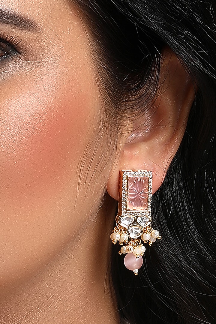 Gold Finish Kundan Polki & Pink Quartz Stone Dangler Earrings by Hrisha Jewels at Pernia's Pop Up Shop