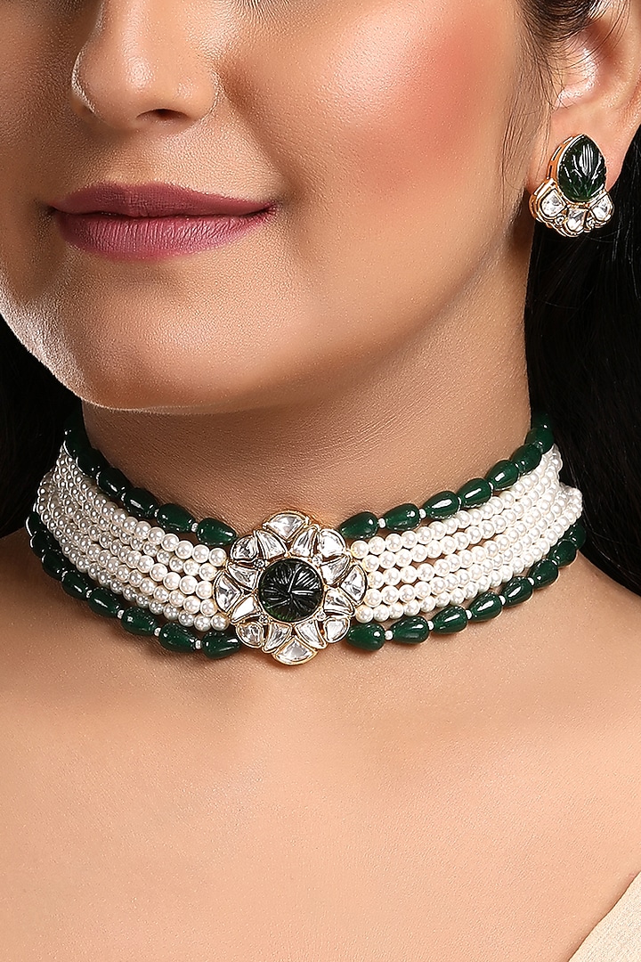 Gold Finish Pearl & Agate Stone Choker Necklace Set by Hrisha Jewels at Pernia's Pop Up Shop