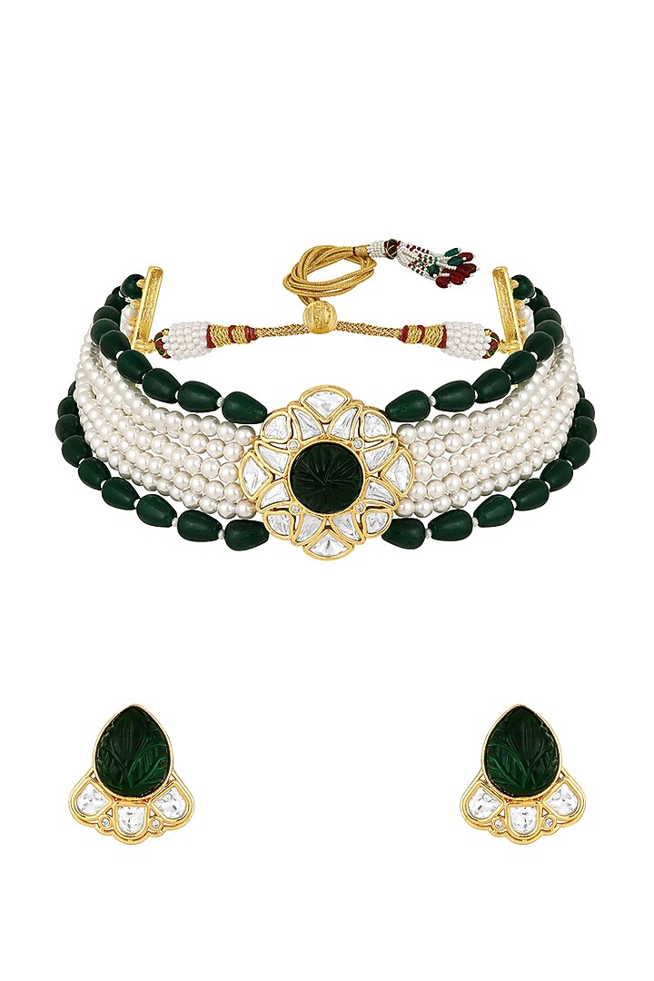 Gold Finish Pearl & Agate Stone Choker Necklace Set by Hrisha Jewels at Pernia's Pop Up Shop