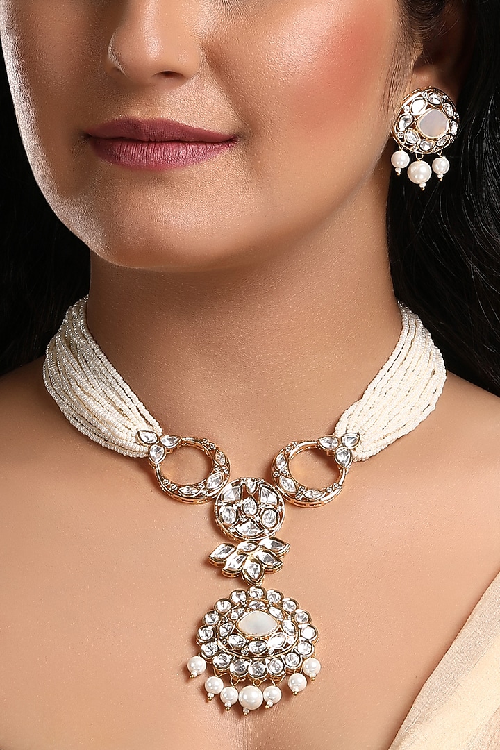 Gold Finish Kundan Polki & Pearl Mala Set by Hrisha Jewels at Pernia's Pop Up Shop