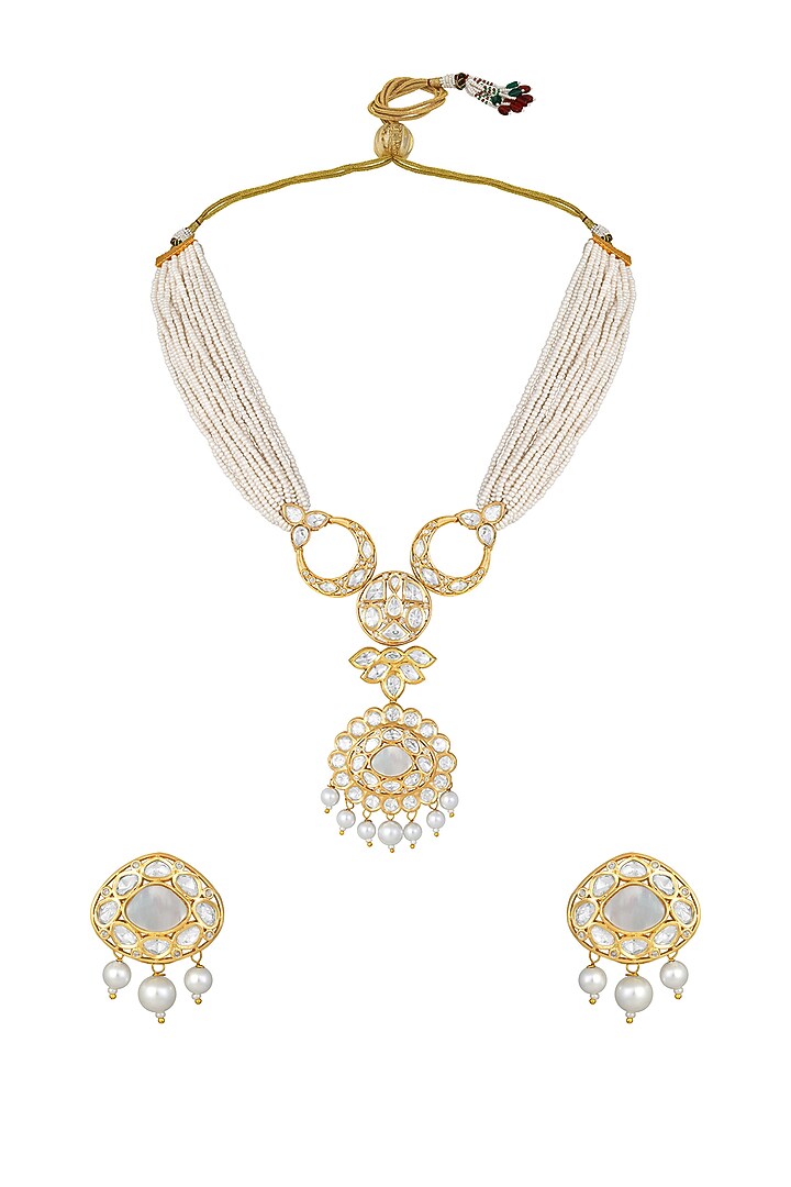 Gold Finish Kundan Polki & Pearl Mala Set by Hrisha Jewels at Pernia's Pop Up Shop