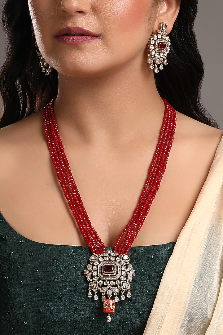 Gold Finish Kundan Polki & Red Agate Stone Long Necklace Set by Hrisha Jewels at Pernia's Pop Up Shop