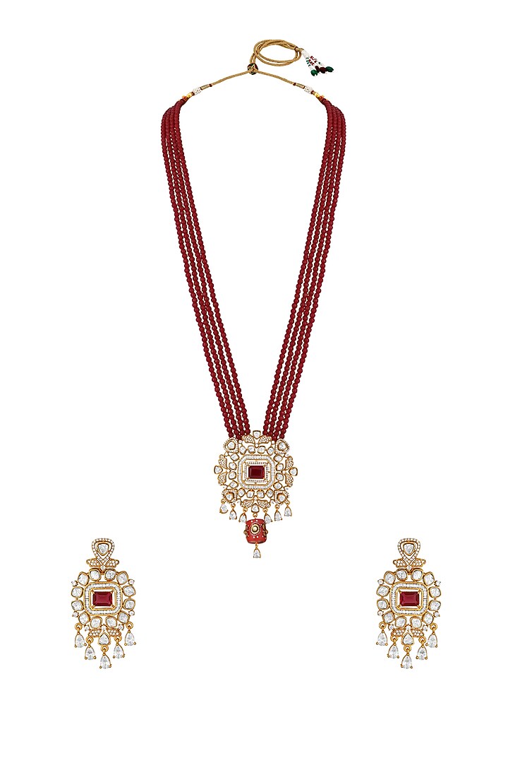 Gold Finish Kundan Polki & Red Agate Stone Long Necklace Set by Hrisha Jewels at Pernia's Pop Up Shop