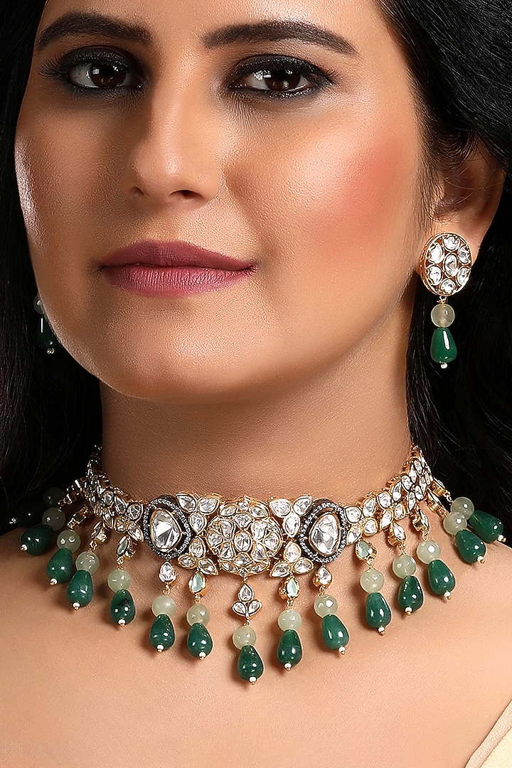 Two-Tone Finish Kundan Polki & Green Agate Stone Choker Necklace Set by Hrisha Jewels at Pernia's Pop Up Shop