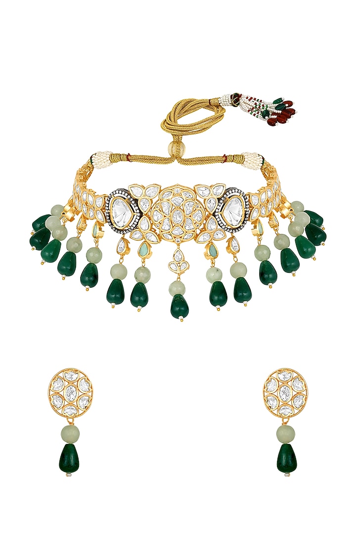 Two-Tone Finish Kundan Polki & Green Agate Stone Choker Necklace Set by Hrisha Jewels at Pernia's Pop Up Shop