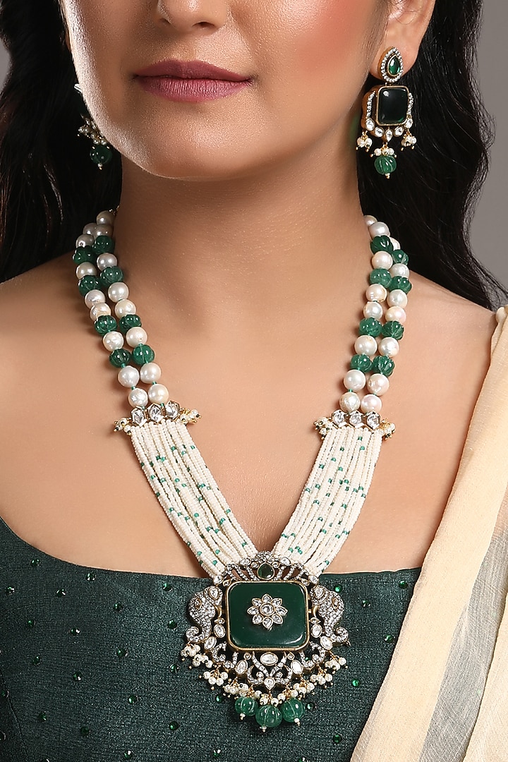 Two-Tone Finish Kundan Polki & Emerald Stone Mala Set by Hrisha Jewels at Pernia's Pop Up Shop