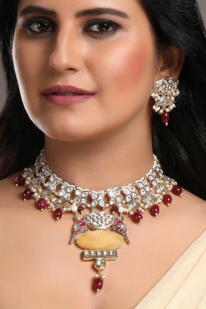 Two-Tone Finish Kundan Polki & Onyx Choker Necklace Set by Hrisha Jewels at Pernia's Pop Up Shop