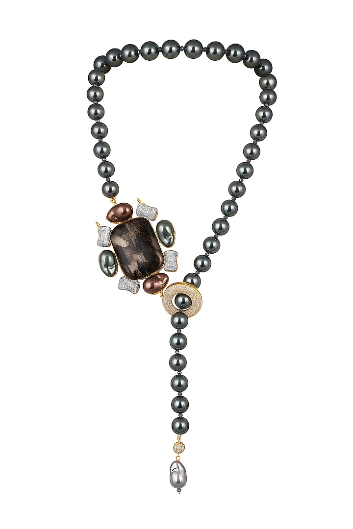 Two Tone Finish Cubic Zirconia & Shell Pearl Necklace by Hrisha Jewels at Pernia's Pop Up Shop