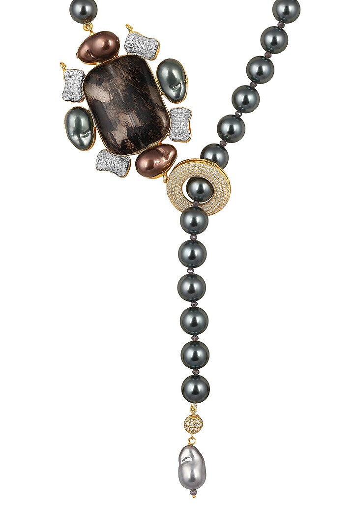 Two Tone Finish Cubic Zirconia & Shell Pearl Necklace by Hrisha Jewels at Pernia's Pop Up Shop