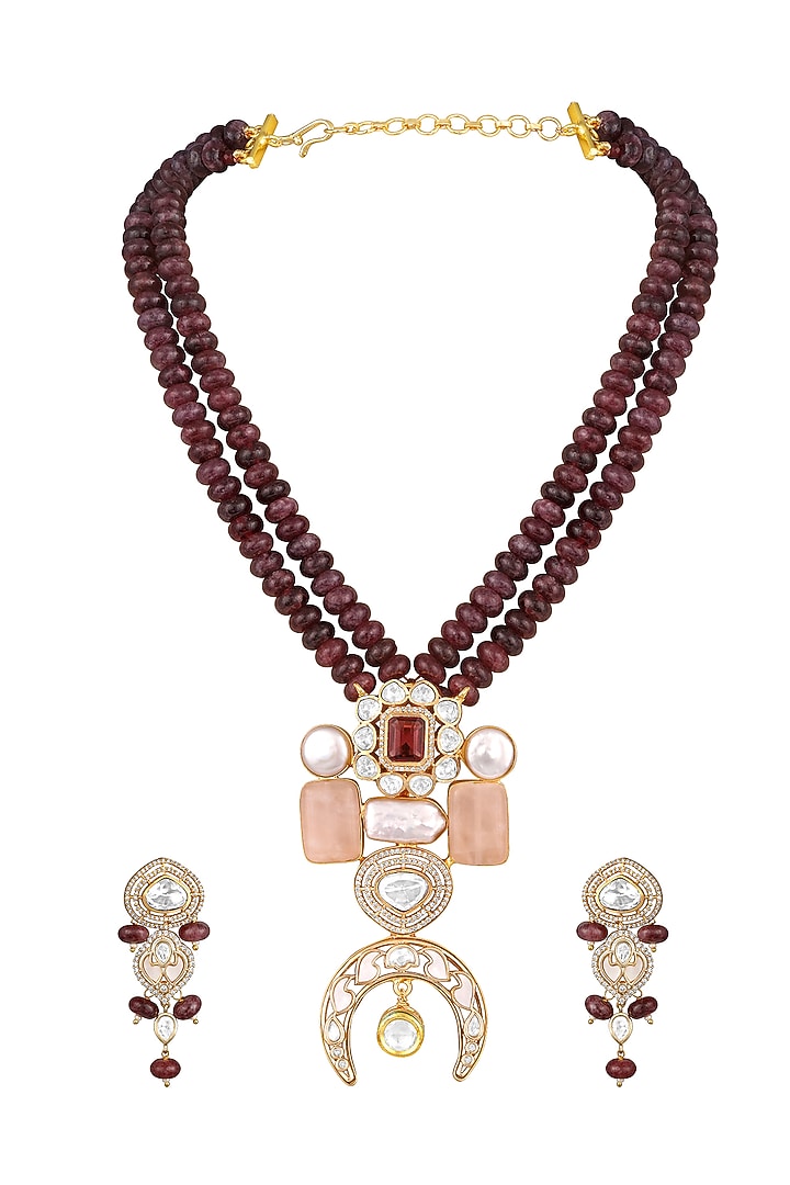 Gold Finish Kundan Polki & Ruby Necklace Set by Hrisha Jewels at Pernia's Pop Up Shop