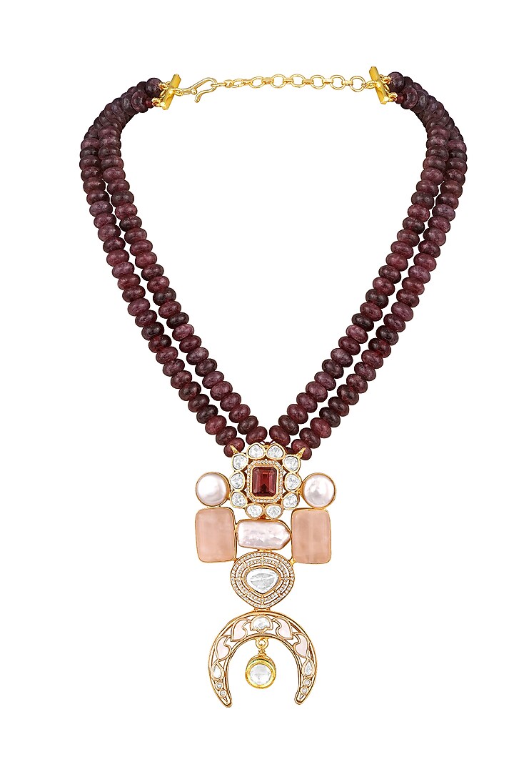 Gold Finish Kundan Polki & Ruby Necklace Set by Hrisha Jewels at Pernia's Pop Up Shop