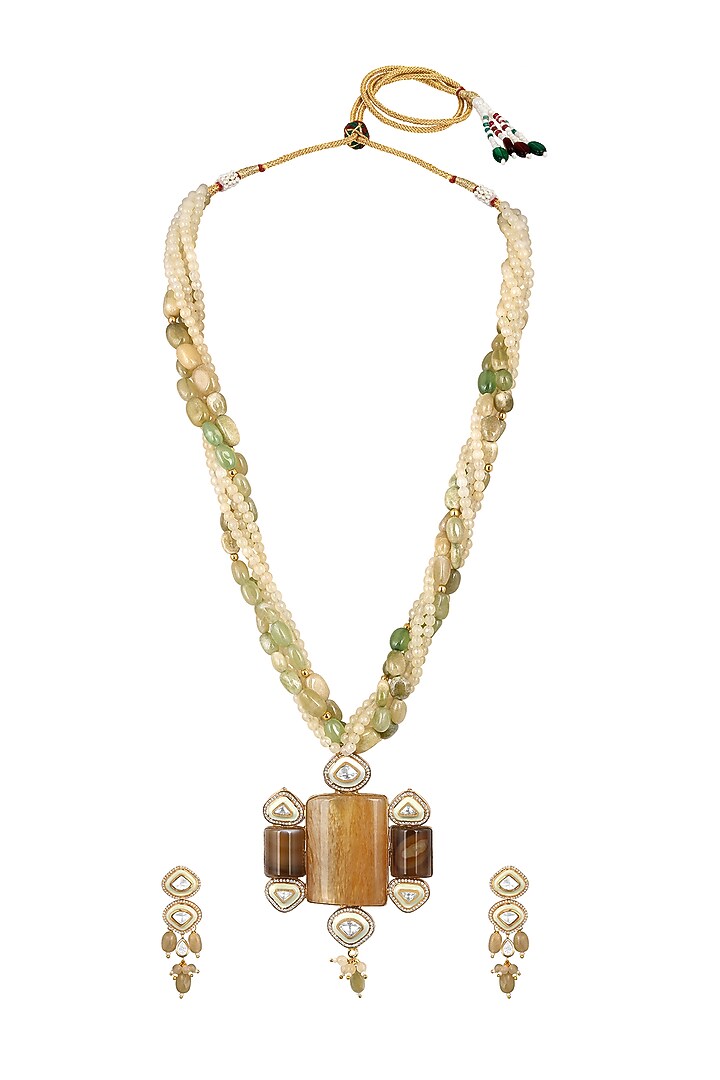 Gold Finish Moissanite Kundan Polki Necklace Set by Hrisha Jewels at Pernia's Pop Up Shop