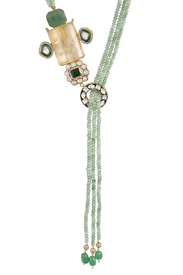 Gold Finish Moissanite Kundan Polki & Emerald Necklace by Hrisha Jewels at Pernia's Pop Up Shop