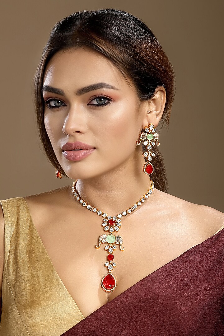 Gold Finish Moissanite Kundan Polki & Ruby Necklace Set by Hrisha Jewels at Pernia's Pop Up Shop