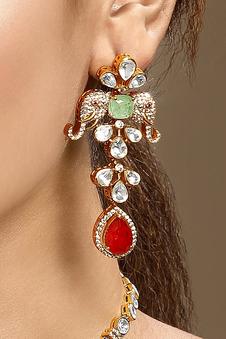 Gold Finish Moissanite Kundan Polki & Ruby Necklace Set by Hrisha Jewels at Pernia's Pop Up Shop