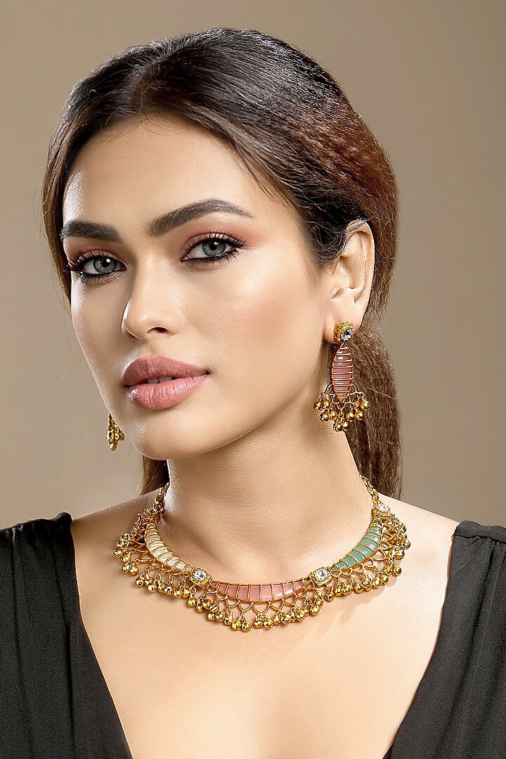 Gold Finish Moissanite Kundan Polki & Mother Of Pearl Necklace Set by Hrisha Jewels at Pernia's Pop Up Shop