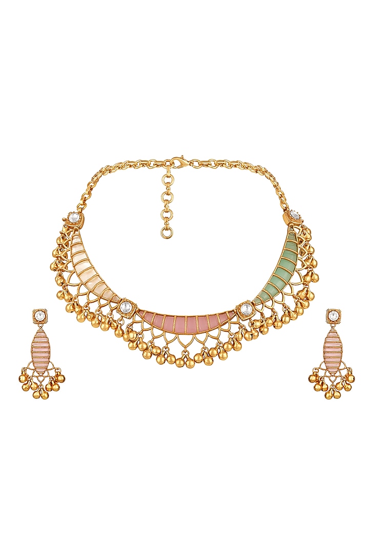 Gold Finish Moissanite Kundan Polki & Mother Of Pearl Necklace Set by Hrisha Jewels at Pernia's Pop Up Shop