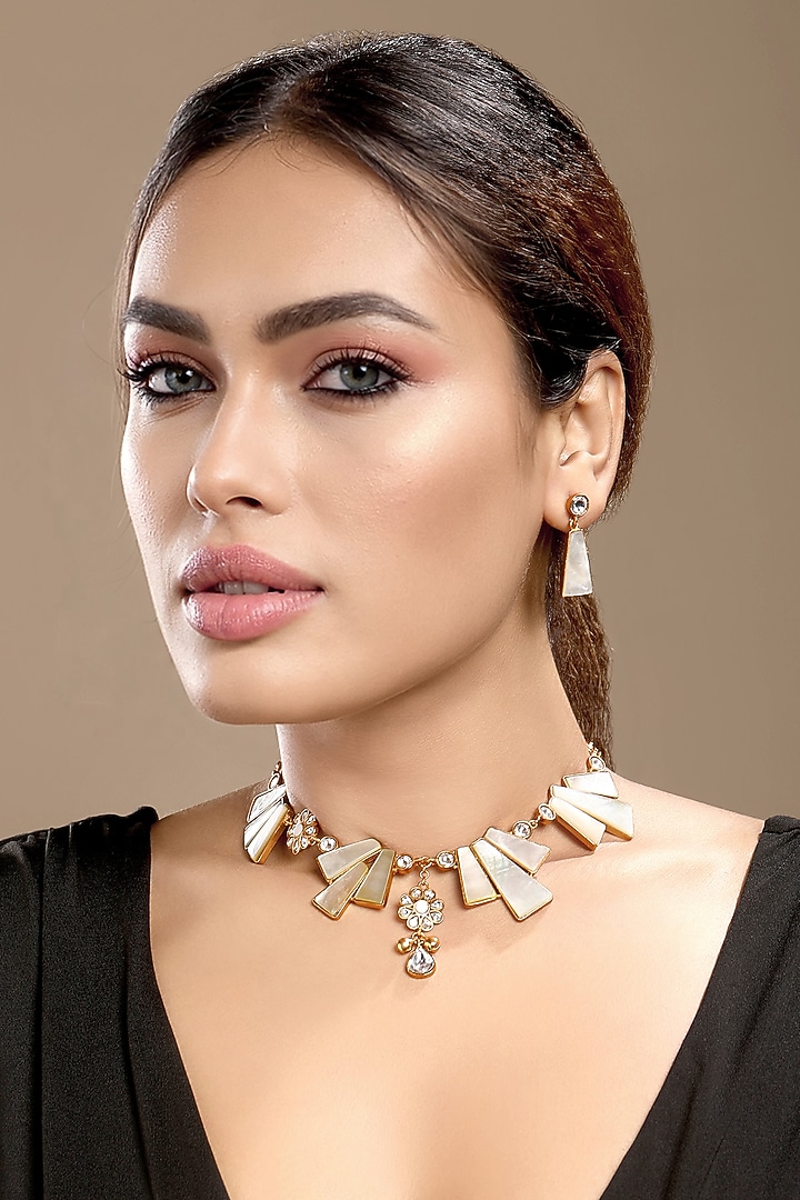 Gold Finish Moissanite Kundan Polki & Mother Of Pearl Necklace Set by Hrisha Jewels at Pernia's Pop Up Shop