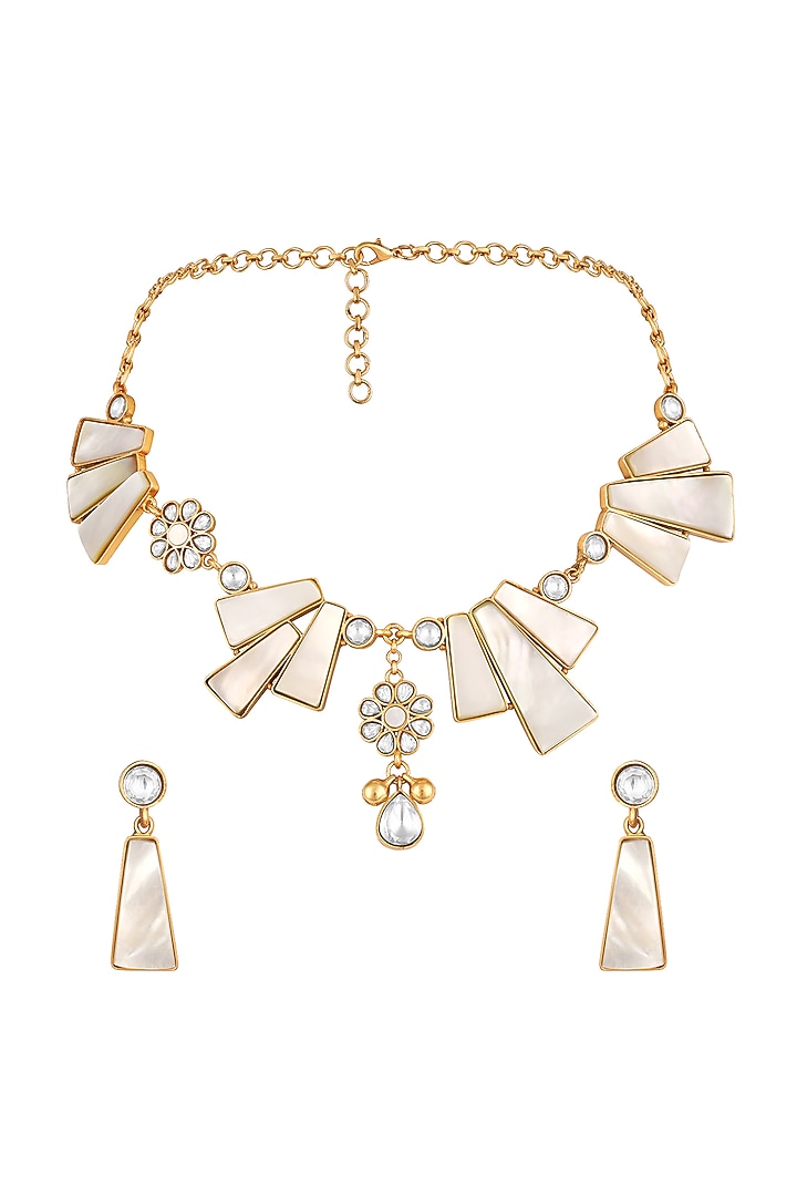 Gold Finish Moissanite Kundan Polki & Mother Of Pearl Necklace Set by Hrisha Jewels at Pernia's Pop Up Shop