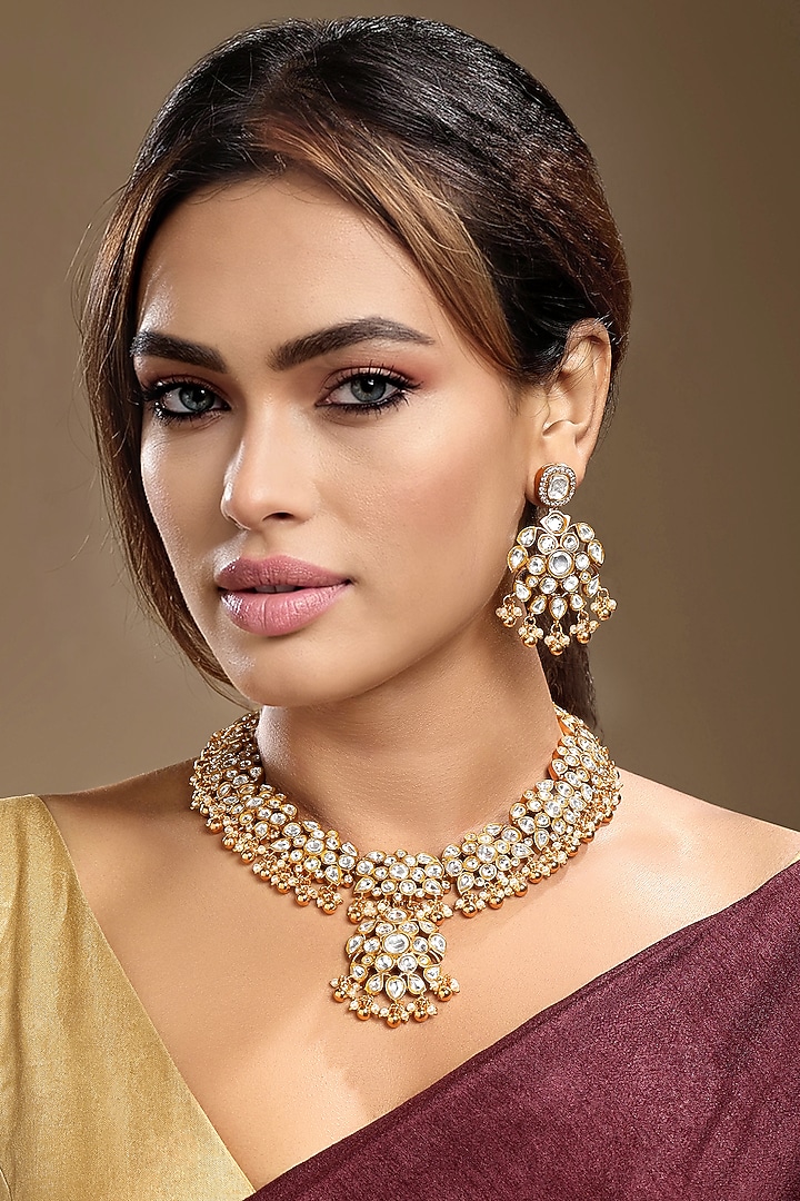 Gold Finish Moissanite Kundan Polki & Pearl Necklace Set by Hrisha Jewels at Pernia's Pop Up Shop