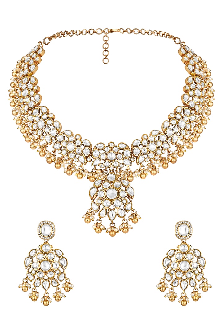 Gold Finish Moissanite Kundan Polki & Pearl Necklace Set by Hrisha Jewels at Pernia's Pop Up Shop